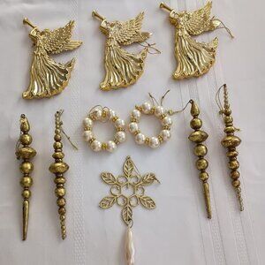 Set of 10 Vintage Gold and Ivory Ornaments